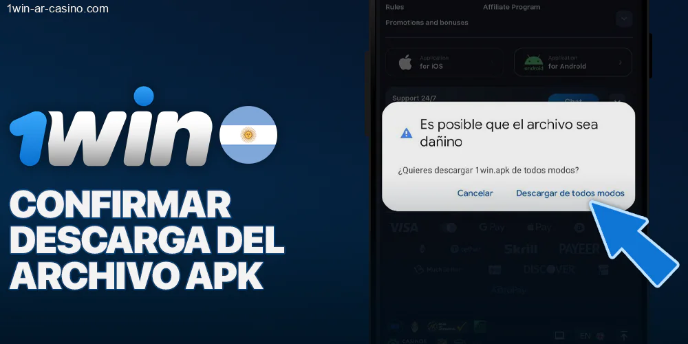 Confirmar la descarga de la aplicación 1Win