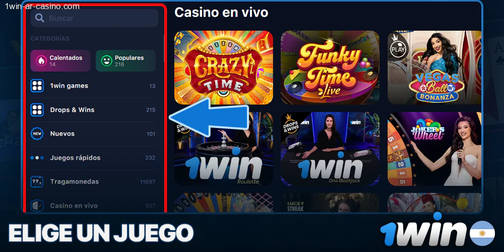 Encuentre un juego en el casino en vivo 1Win