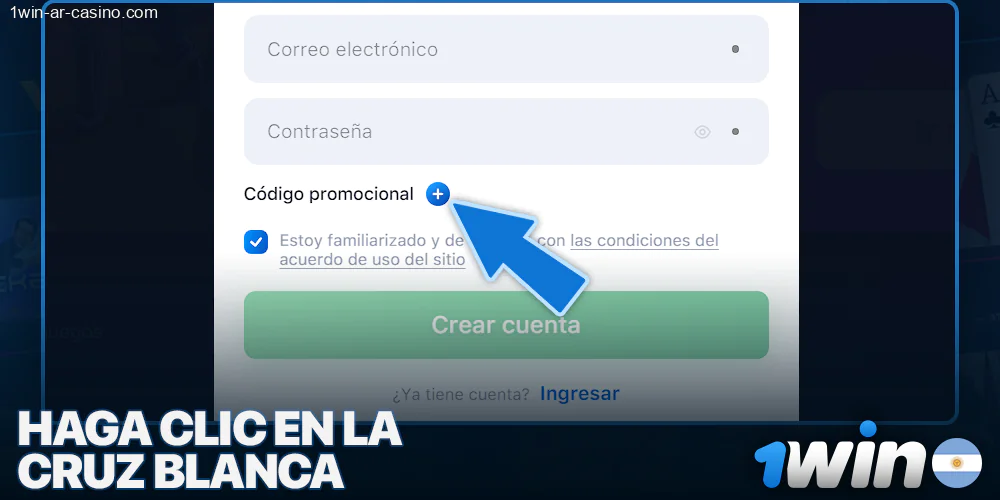 Haga clic en la cruz blanca al registrarse en 1Win