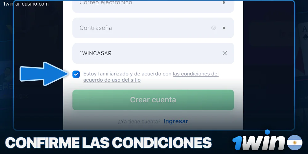 aceptar los términos y condiciones al registrarse en 1Win