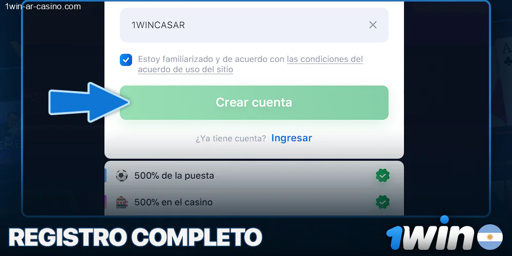 Botón de finalización del registro 1Win