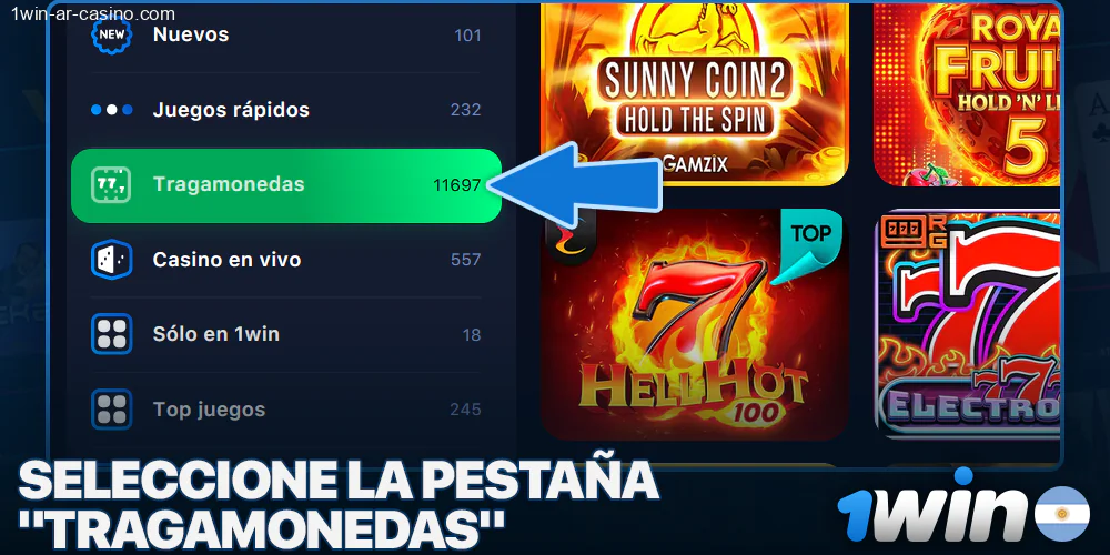 Seleccione la sección de tragamonedas en 1Win casino