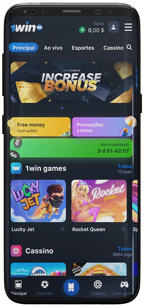 Captura de tela da página principal do aplicativo móvel 1Win