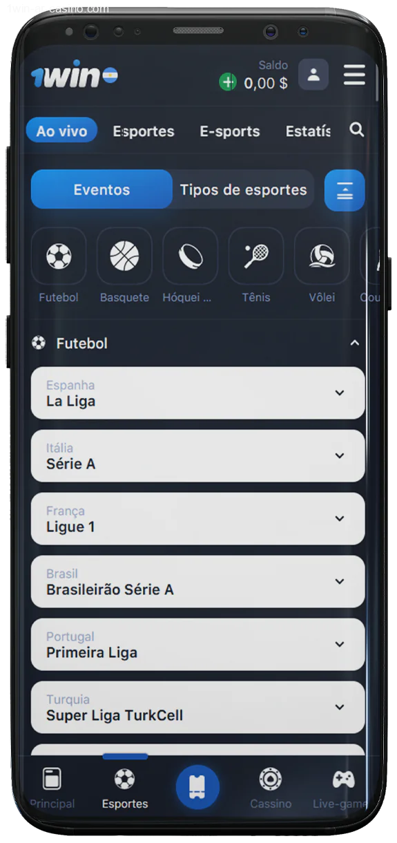 Captura de tela da seção de esportes no aplicativo móvel 1Win