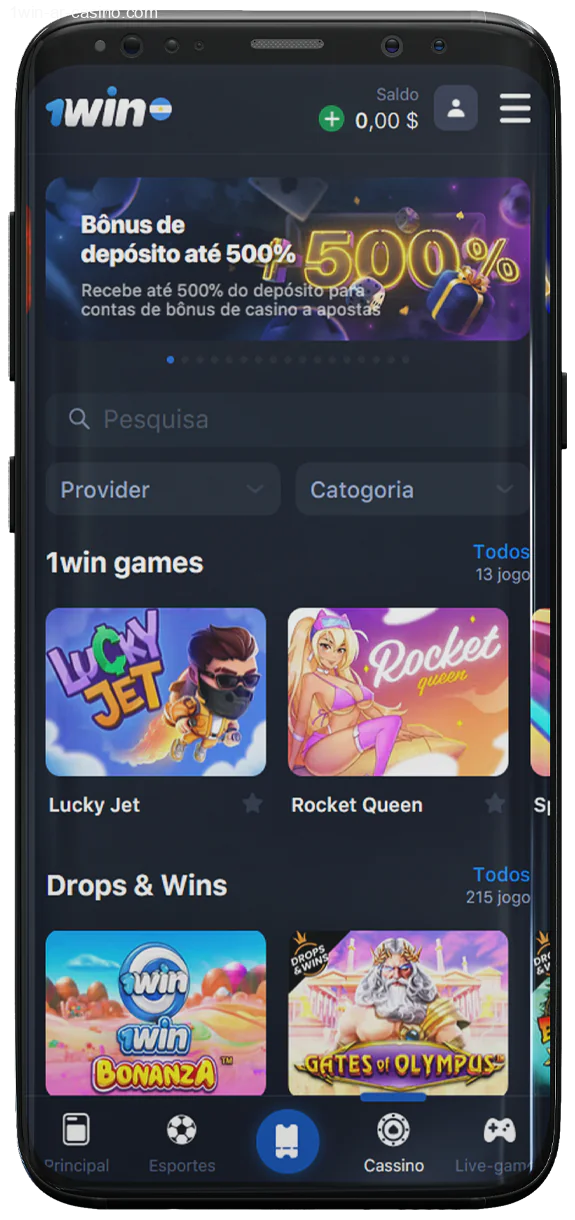 Captura de tela do cassino no app móvel 1Win