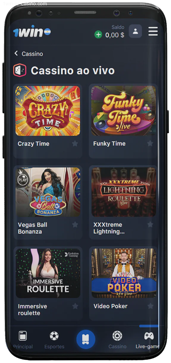 Captura de tela do cassino ao vivo no aplicativo móvel 1Win